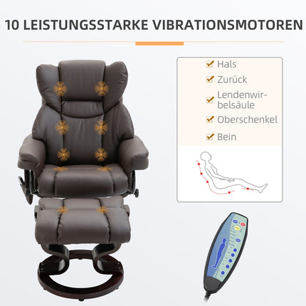 Massage armchair with footstool, artificial leather, brown