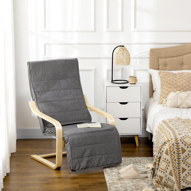 Adjustable recliner, birch wood, gray linen look