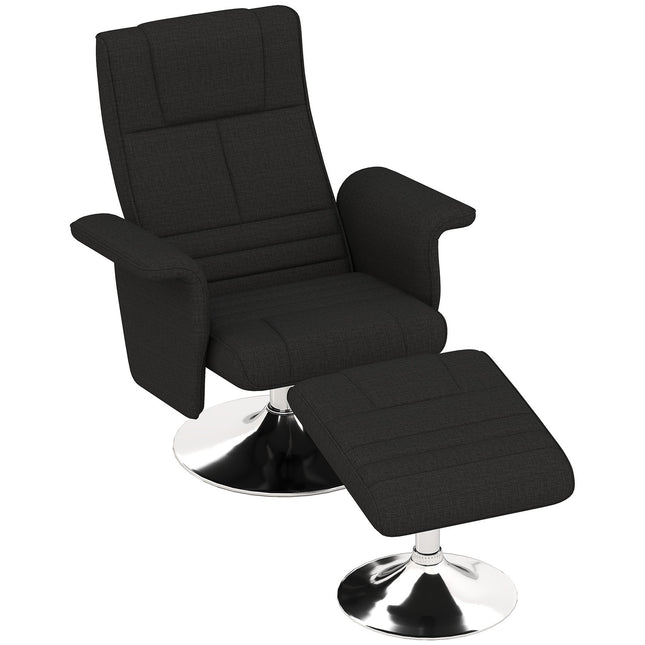 Ontspanningsstoel met voetenbank, draaibare massagestoel met ligfunctie, 8-punts vibratiemassage, elektrische tv-stoel met afstandsbediening, linnenlook, staal, zwart