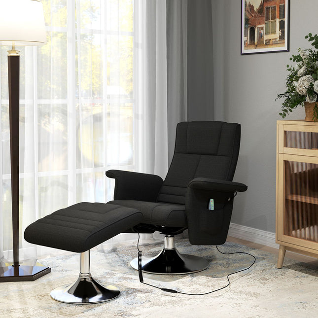 Ontspanningsstoel met voetenbank, draaibare massagestoel met ligfunctie, 8-punts vibratiemassage, elektrische tv-stoel met afstandsbediening, linnenlook, staal, zwart