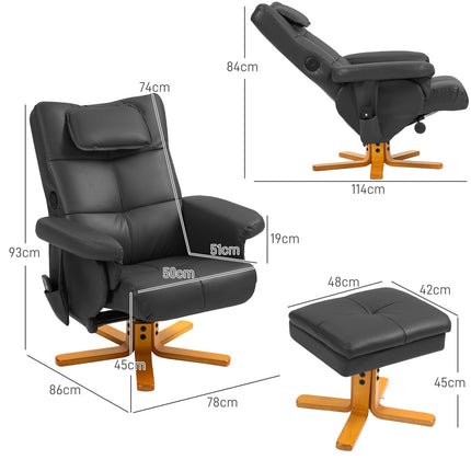 Reclining massage chair with footrest and storage, black leather