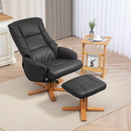 Lounger with stool, 360° rotatable, synthetic leather, black