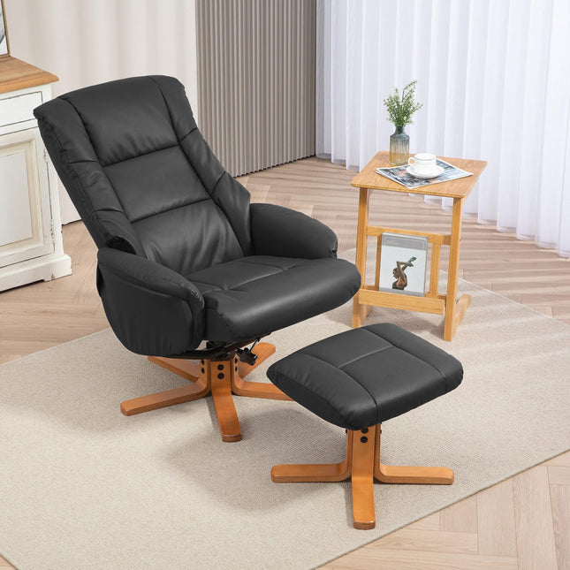 Lounger with stool, 360° rotatable, synthetic leather, black