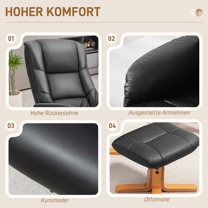 Lounger with stool, 360° rotatable, synthetic leather, black