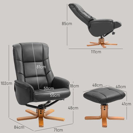 Lounger with stool, 360° rotatable, synthetic leather, black