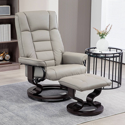 Reclining relaxation chair with stool, artificial leather, grey