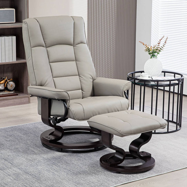 Reclining relaxation chair with stool, artificial leather, grey