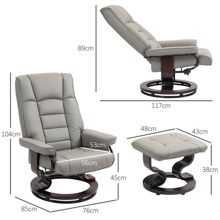 Reclining relaxation chair with stool, artificial leather, grey