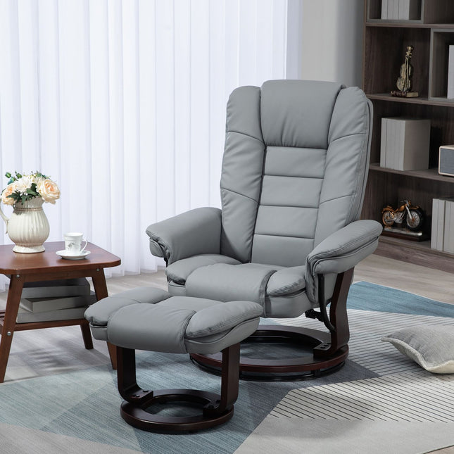 Ontspanningsstoel met kruk, 360° draaibare tv-stoel met ligfunctie, tv-stoel, fauteuil, belastbaar tot 130 kg voor woonkamer, kunstleer, grijs