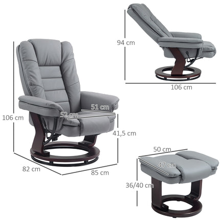Ontspanningsstoel met kruk, 360° draaibare tv-stoel met ligfunctie, tv-stoel, fauteuil, belastbaar tot 130 kg voor woonkamer, kunstleer, grijs