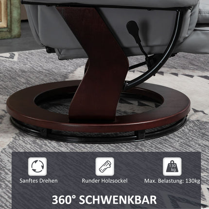 Ontspanningsstoel met kruk, 360° draaibare tv-stoel met ligfunctie, tv-stoel, fauteuil, belastbaar tot 130 kg voor woonkamer, kunstleer, grijs