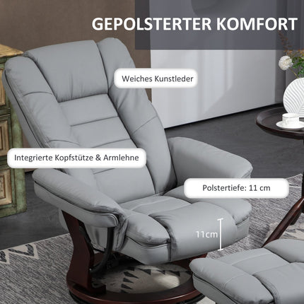 Ontspanningsstoel met kruk, 360° draaibare tv-stoel met ligfunctie, tv-stoel, fauteuil, belastbaar tot 130 kg voor woonkamer, kunstleer, grijs