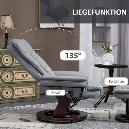 Ontspanningsstoel met kruk, 360° draaibare tv-stoel met ligfunctie, tv-stoel, fauteuil, belastbaar tot 130 kg voor woonkamer, kunstleer, grijs