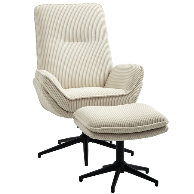 Ontspanningsstoel met kruk, 360° draaibare tv-stoel met ligfunctie, tv-stoel met koordlook, fauteuil voor woonkamer, slaapkamer, beige