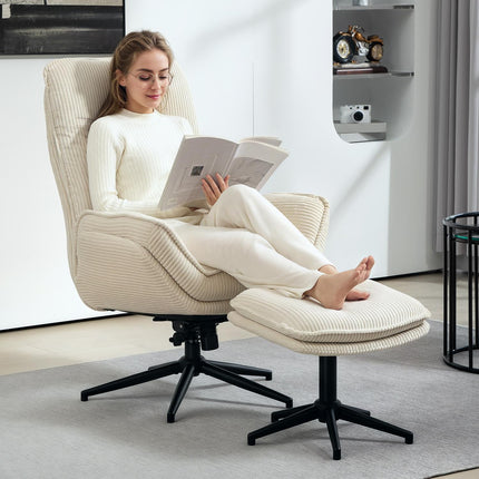 Ontspanningsstoel met kruk, 360° draaibare tv-stoel met ligfunctie, tv-stoel met koordlook, fauteuil voor woonkamer, slaapkamer, beige