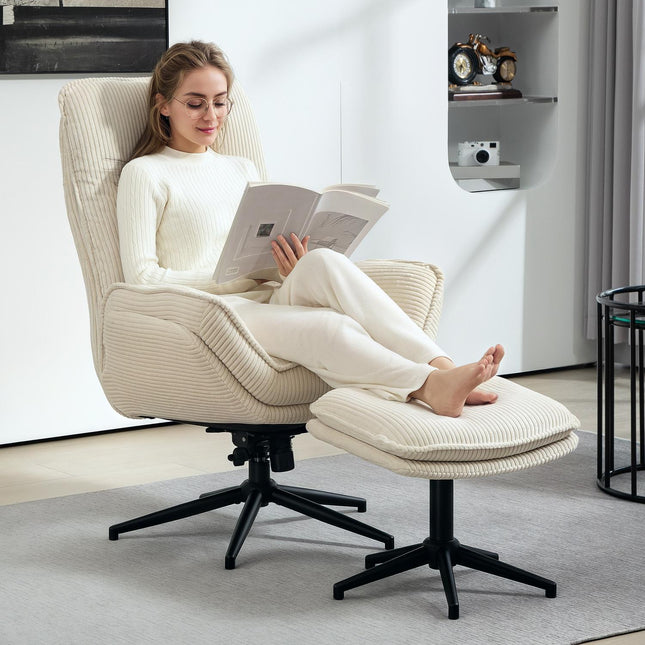 Ontspanningsstoel met kruk, 360° draaibare tv-stoel met ligfunctie, tv-stoel met koordlook, fauteuil voor woonkamer, slaapkamer, beige