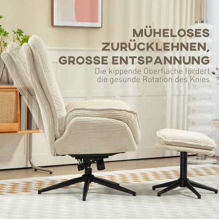 Ontspanningsstoel met kruk, 360° draaibare tv-stoel met ligfunctie, tv-stoel met koordlook, fauteuil voor woonkamer, slaapkamer, beige