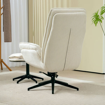 Ontspanningsstoel met kruk, 360° draaibare tv-stoel met ligfunctie, tv-stoel met koordlook, fauteuil voor woonkamer, slaapkamer, beige