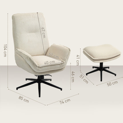 Ontspanningsstoel met kruk, 360° draaibare tv-stoel met ligfunctie, tv-stoel met koordlook, fauteuil voor woonkamer, slaapkamer, beige