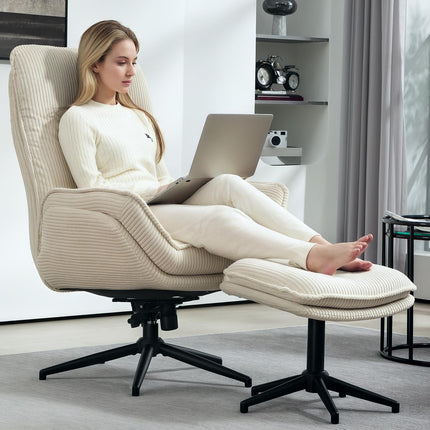 Ontspanningsstoel met kruk, 360° draaibare tv-stoel met ligfunctie, tv-stoel met koordlook, fauteuil voor woonkamer, slaapkamer, beige