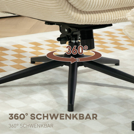 Ontspanningsstoel met kruk, 360° draaibare tv-stoel met ligfunctie, tv-stoel met koordlook, fauteuil voor woonkamer, slaapkamer, beige