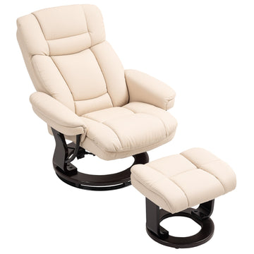 Cream Faux Leather Recliner Chair with Ottoman, 360° rotatable