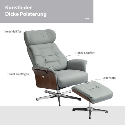 Ontspanningsstoel met kruk, tv-stoel met ligfunctie, verstelbare hoofdsteun, draaibare tv-stoel tot 150 kg, voor woonkamer, slaapkamer, kunstleer, lichtgrijs