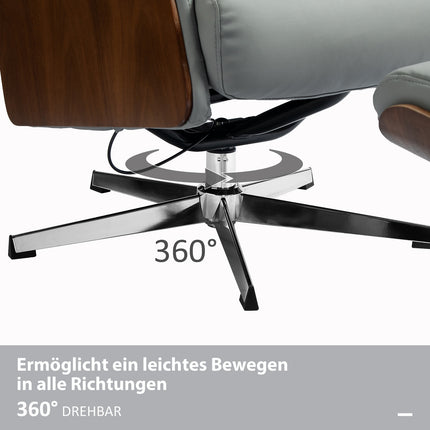 Ontspanningsstoel met kruk, tv-stoel met ligfunctie, verstelbare hoofdsteun, draaibare tv-stoel tot 150 kg, voor woonkamer, slaapkamer, kunstleer, lichtgrijs