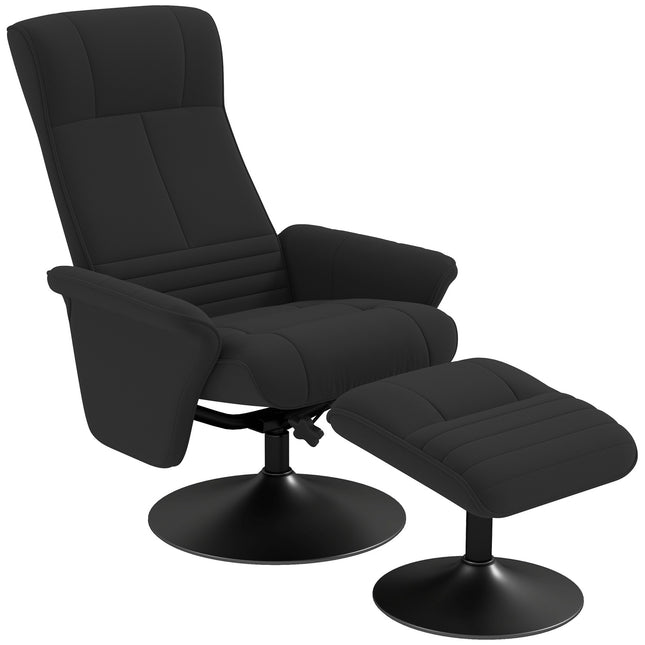 Black lounge chair in microfiber with stool, 150 kg Capacity