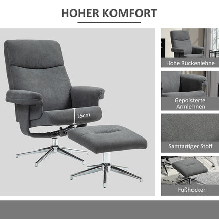 Ontspanningsstoel met kruk, gestoffeerde tv-stoel met ligfunctie, ligstoel met fluwelen look, draagvermogen tot 150 kg, voor woonkamer, slaapkamer, donkergrijs