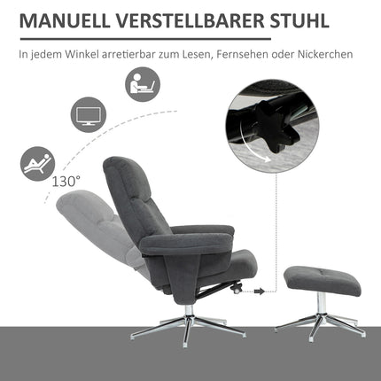 Ontspanningsstoel met kruk, gestoffeerde tv-stoel met ligfunctie, ligstoel met fluwelen look, draagvermogen tot 150 kg, voor woonkamer, slaapkamer, donkergrijs