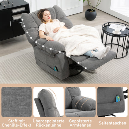 Relaxing chair with massage function, reclining function, rotating massage chair, 4 side pockets and remote control, dark grey