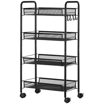 Detachable 4-story kitchen trolley in steel with hooks and brakes