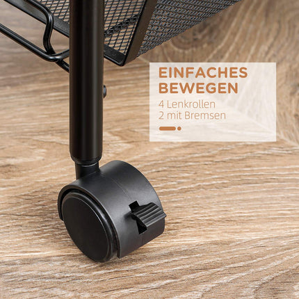 Detachable 4-story kitchen trolley in steel with hooks and brakes