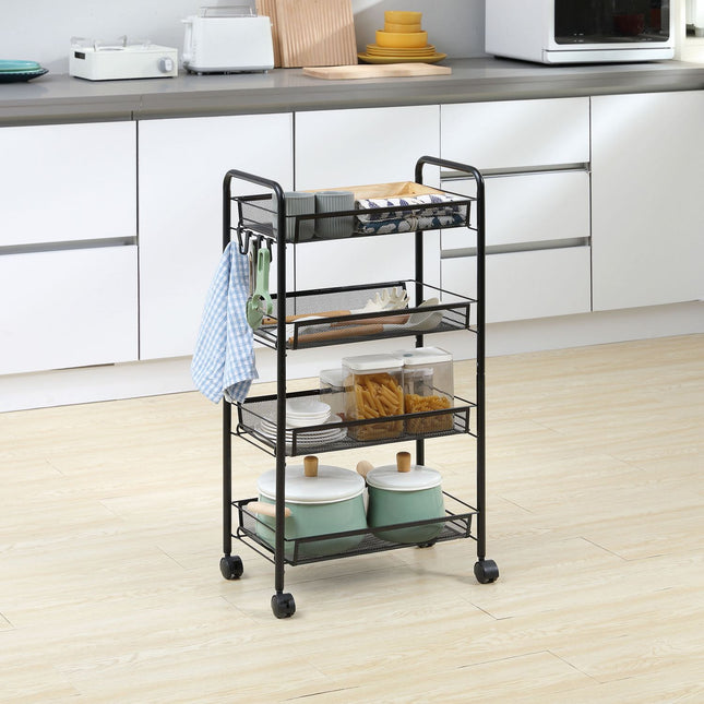 Detachable 4-story kitchen trolley in steel with hooks and brakes