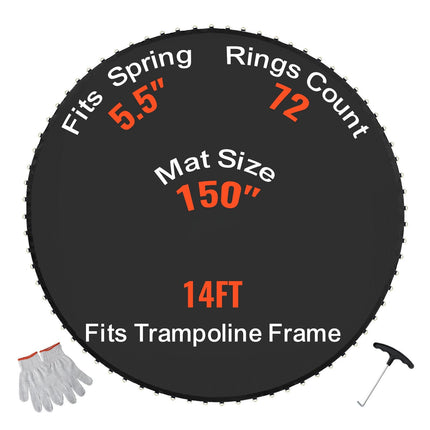 Replacement Trampoline Mat 14ft Round, 72 V-Rings, 5.5in Springs