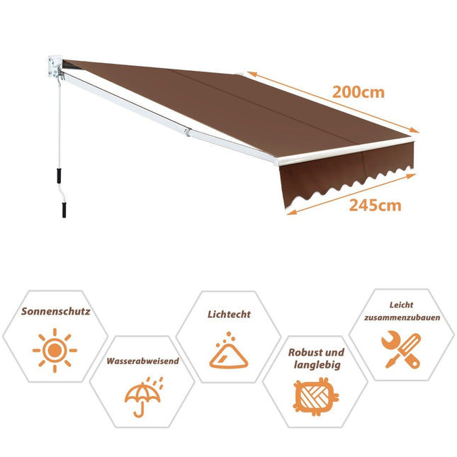 Retractable Awning 2.5x2m, UV & Water Resistant, Brown