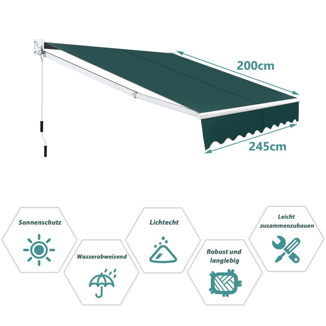 Retractable Awning 2.5x2m, UV & Water Resistant, Green