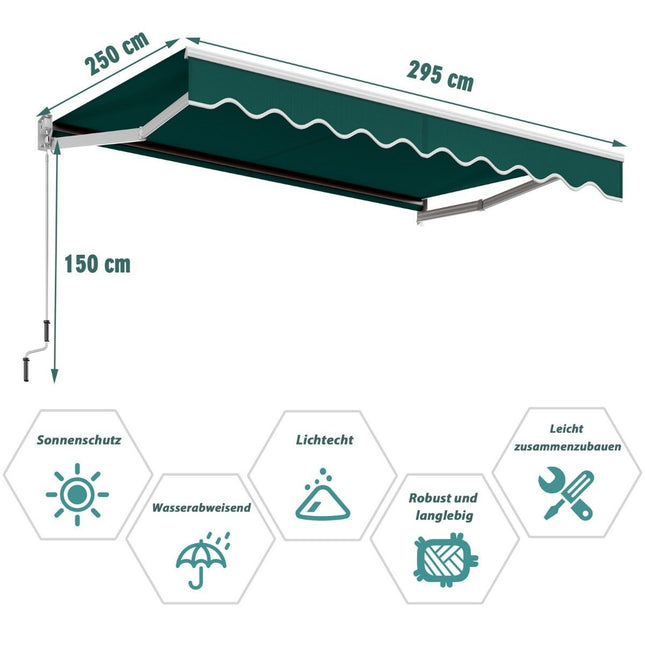 Retractable Awning, 3x2.5m, UV & Water Resistant, Green