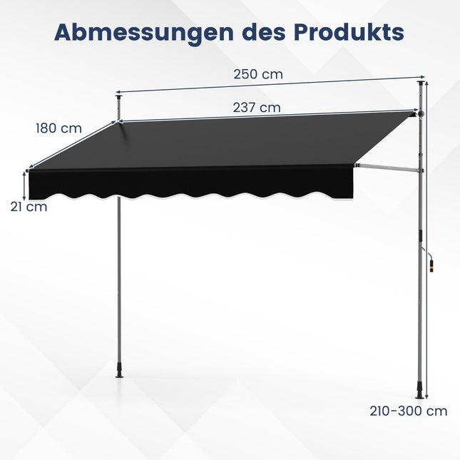 Retractable Awning, No-Drill, Adjustable Height, 250cm, Black