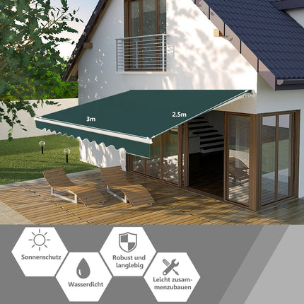 Retractable Awning with Crank, 3x2.5m, Green, Aluminum