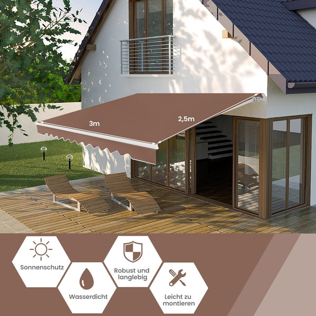 Retractable Awning with Crank, Brown, 2.5m x 2m