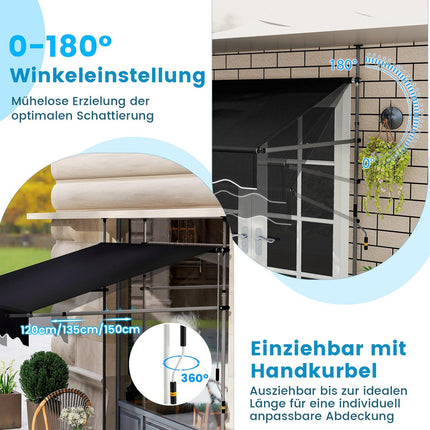 Retractable Balcony Awning, 200cm, No-Drill, UV-Resistant