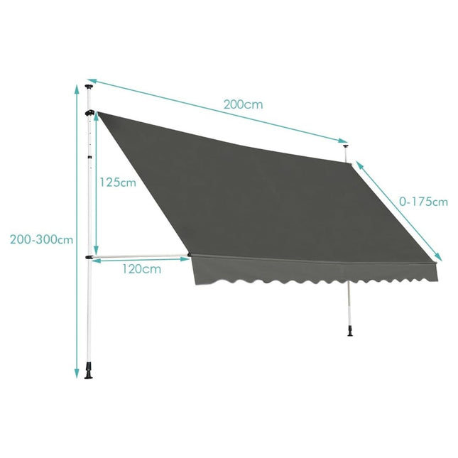 Retractable Balcony Awning, 200cm Wide, UV-Resistant, Grey