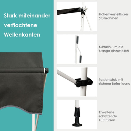 Retractable Balcony Awning, 200cm Wide, UV-Resistant, Grey