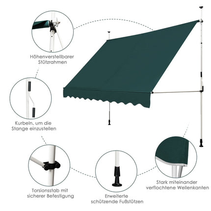 Retractable Balcony Awning, 300cm, No-Drill, UV-Resistant