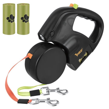 Retractable Double Dog Leash 2 x 3 m with LED Flashlight, USB-C, Bag Dispenser