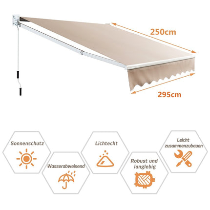 Retractable Outdoor Awning, Water-Resistant Polyester, 295x250 cm, Beige