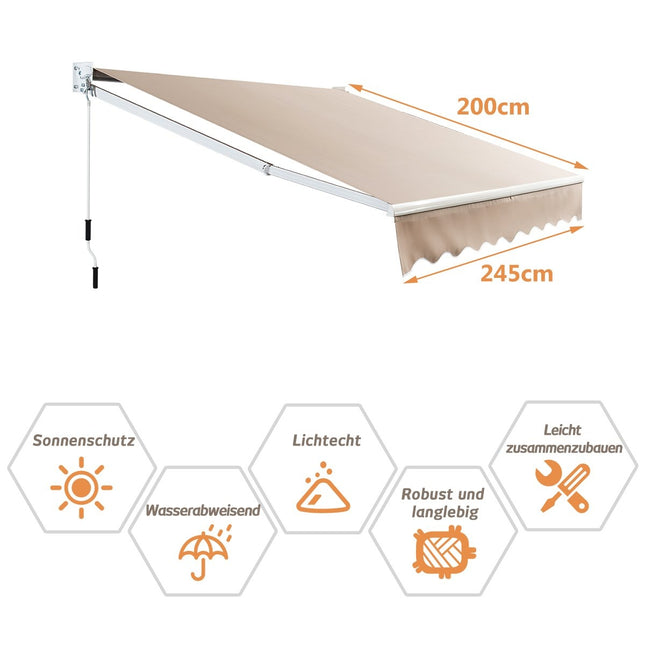 Retractable Patio Awning, Aluminum, 245x200 cm, Beige