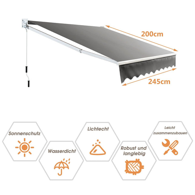 Retractable Patio Awning, Aluminum, 245x200 cm, Gray